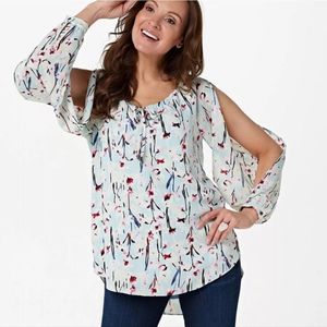 Haute Hippie Tribe Light Blue Open Sleeve Floral Blouse Size Medium